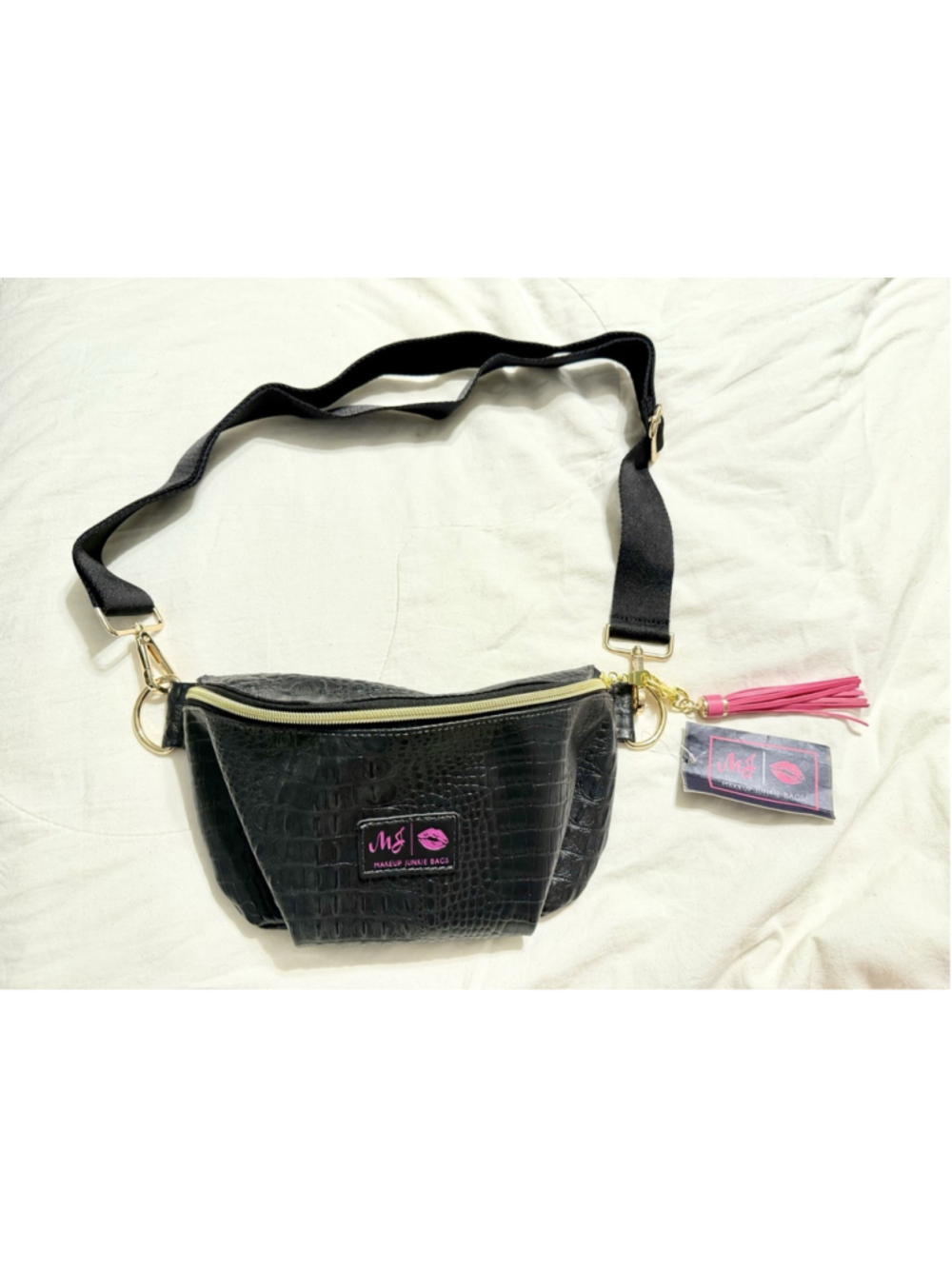 Makeup Junkie Black Croc Black Inside Pink Tassel Fanny Pack Crossbody Bag NWT